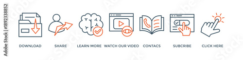Call to action banner web icon vector illustration concept with icon of download, share, learn more, watch our video, contact us, subscribe, and click here
