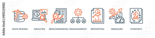 Business intelligence banner web icon vector illustration concept with icon of data mining, analysis, benchmarking, management, reporting, measure, and strategy