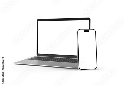 Mobile phone and laptop isolated on transparent background 3d rendering