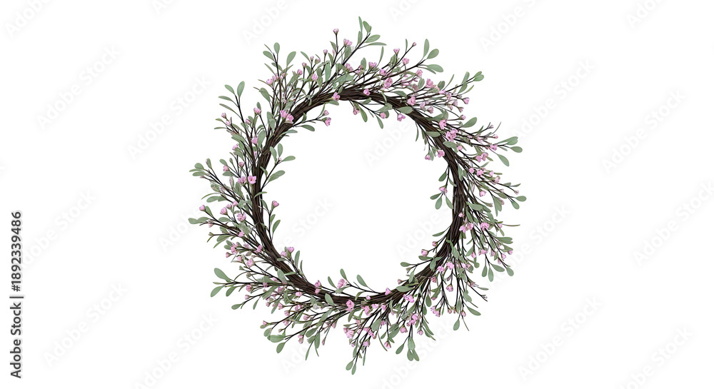 Fototapeta premium Delicate floral wreath with pink buds and green leaves