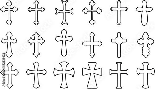 big set of black silhouette of differend crosses, various religious symbols vector illustration