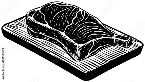 Very beautiful close-up of fresh raw beef steak on a wooden cutting board, showcasing fine marbling, clean cut edges, rich color, and premium butcher quality.