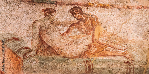 Fotografie Pompeii, Italy. Fresco Sex Scene On Wall Of Lupanar Of Pompeii