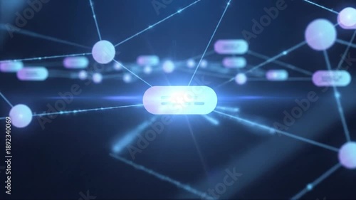 Connected glowing nodes, data bubbles on dark blue