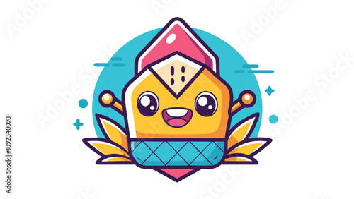Adorable Kawaii House Mascot Character with Cheerful Expression and Floral Base Elements