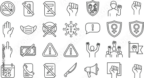 Protest and activism line icon set with prohibition, warning, human rights, freedom symbols for social awareness design