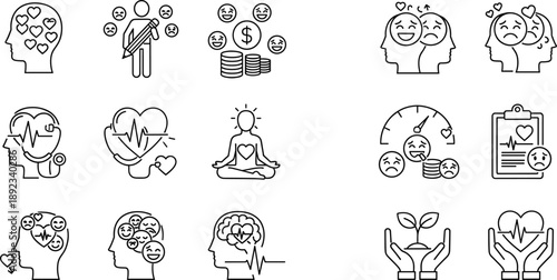 Mental health and emotional wellbeing line icons set with brain heart meditation and psychology symbols