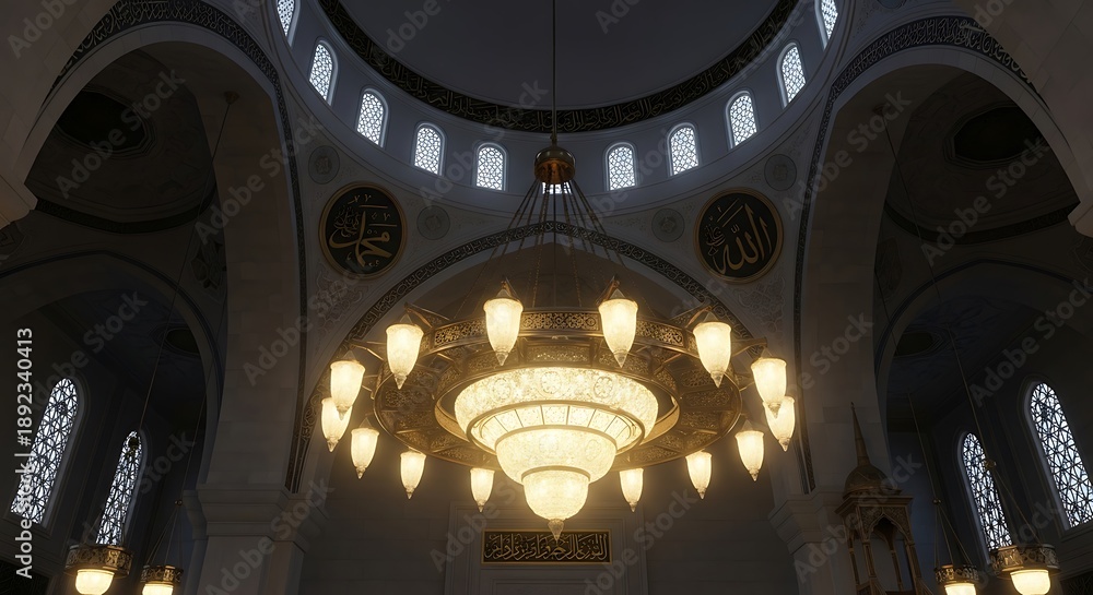 Obraz premium Elegant Mosque Chandelier Glowing During Ramadan Night Creating Calm And Sacred Islamic Interior Atmosphere In Ultra Realistic Cinematic Illustration Style