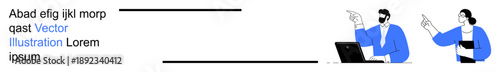 Business collaboration, teamwork, remote work, virtual meetings, project management, corporate communication. Two people interacting, one pointing toward another with a laptop. Business collaboration