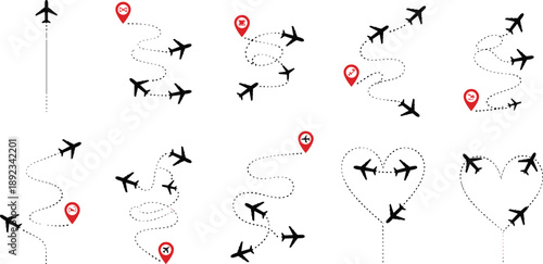 Airplane flight route icons set with dotted paths and map pins for travel, navigation, tourism, and journey concepts