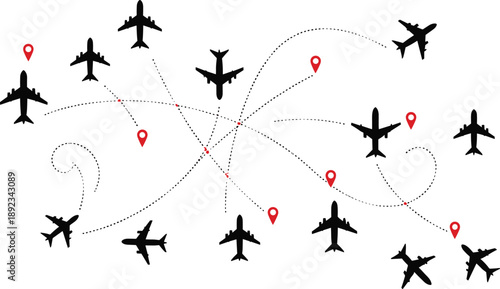 Airplane Flight Path Vector Set with Aircraft Silhouettes Dotted Routes and Location Pins for Travel Map Design