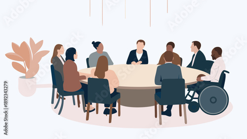 Diverse group of business professionals in an inclusive meeting with a person in a wheelchair around a large table