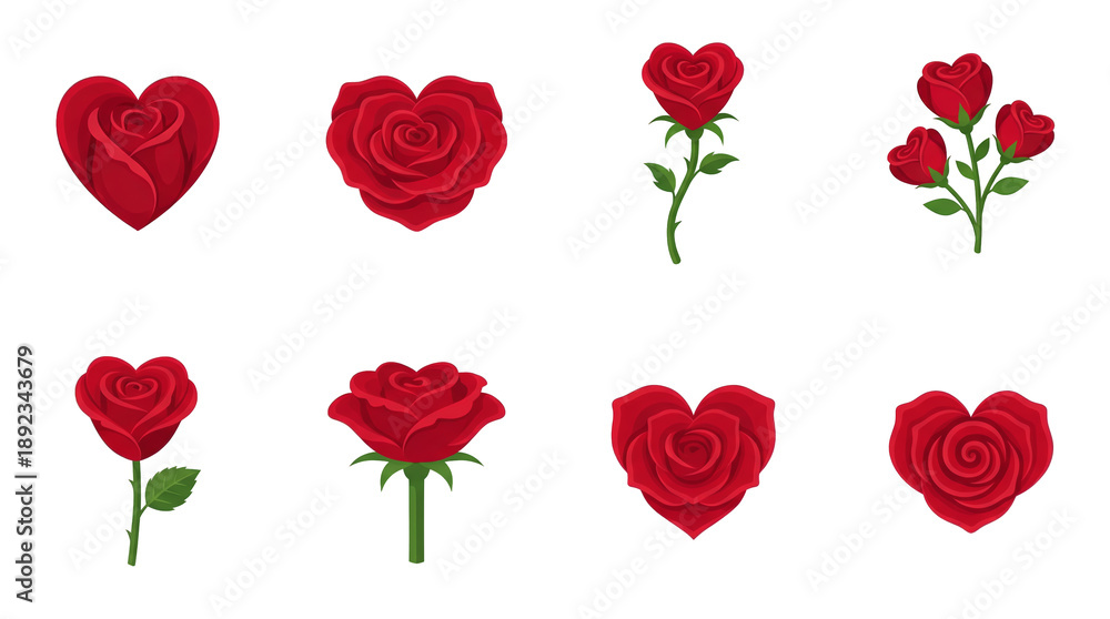 Fototapeta premium Red rose illustration set including heart shaped blooms, stems, bouquets, and spiral petals isolated. Romantic floral collection for love and wedding design.