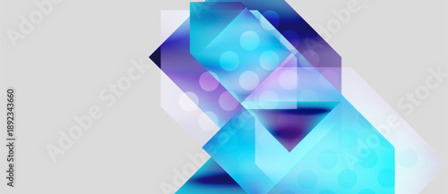 Abstract geometric composition. Blue hues dominate, with layered shapes, circles, transparency creating modern visual effect.