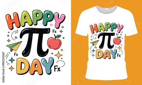 Cheerful 'happy pi day' design with bubbly text, pi symbol, apple, paper airplane & stars, perfect for teachers, students & math lovers.