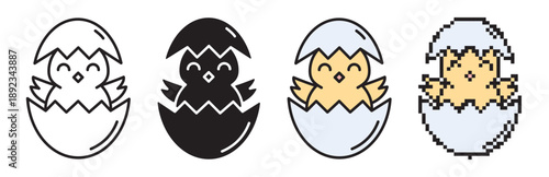 Easter hatching chick icon set. Includes linear with editable stroke, solid silhouette, flat color, and pixel art styles. Cute baby chicken in egg shell vector. Minimalist holiday symbols.