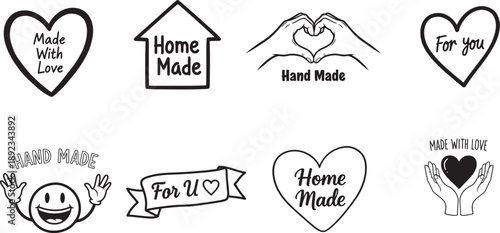 vintage old style hand made and made with love labels writings set. Hand drawn doodle outline drawing hand made line clipart symbol