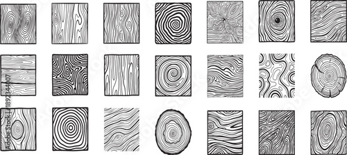 Wood lines texture material doodle hand drawn line set. Rings and circles, tree trunk geometric curve, wave contour