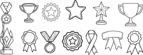  Outline drawing winner line clipart symbol collection,medal honor award related doodle hand drawn icon set