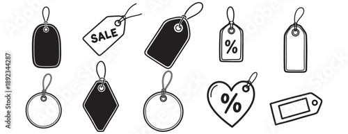 Price tag for sale or gift label doodle hand drawn icon set. Outline drawing price sale tag ribbon, discount label line clipart symbol collection