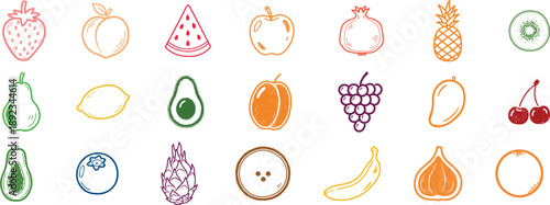 Fruit icons chalk hand drawn doodle set. Drawing crayon fruit