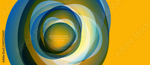 Abstract circular design. Layers overlap, creating dynamic visual effect. Yellow background complements blue, green hues. Text reads background design.