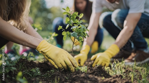 Community volunteers participate in tree planting event in local park on sunny afternoon