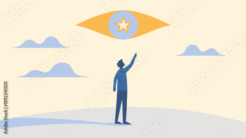 A person pointing towards a large eye with a star in the sky symbolizing guidance and vision in a stylized flat vector illustration