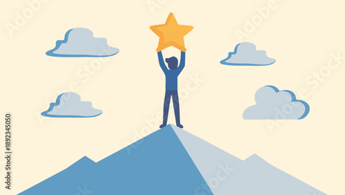Person standing on mountain peak holding golden star up high in cloudy sky symbolizing achievement and success in business and lifestyle concepts