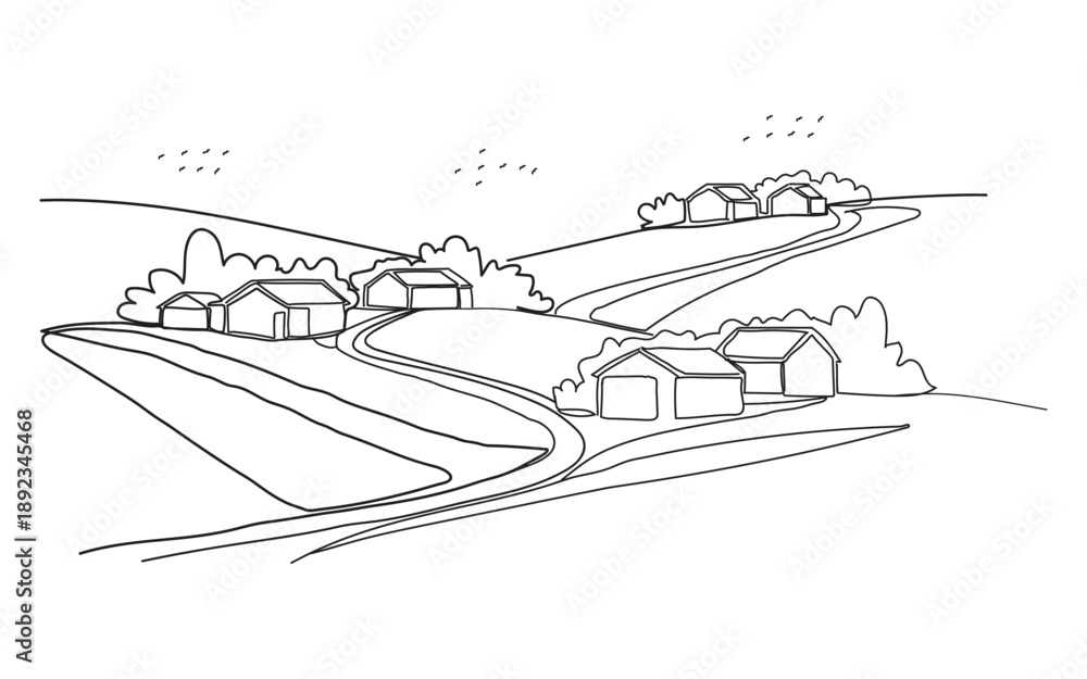 Obraz premium Rural landscape with rolling hills and houses
