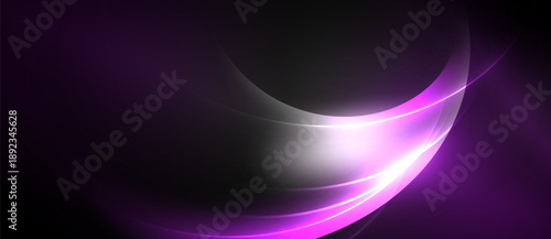 Abstract purple light curves flow across dark background. Smooth gradients create dynamic visual effect. Minimalist design.