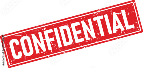 Distressed Red Rectangular Stamp with the Word Confidential in White, Angled on White Background