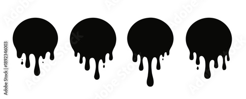 Set of four black paint drip blobs with rounded tops and liquid drops, isolated on white. Grunge splatter shapes for graffiti, ink, horror or street art.