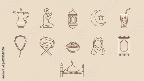Illustration of Islamic cultural symbols and elements arranged in a grid pattern depicting prayer, celebration, and traditions