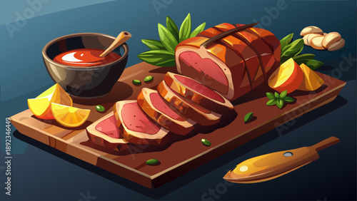 Very beautiful close-up of sliced grilled New York striploin with sauce and potatoes, focusing on juicy texture, seared surface, rich flavor details, and gourmet food styling.