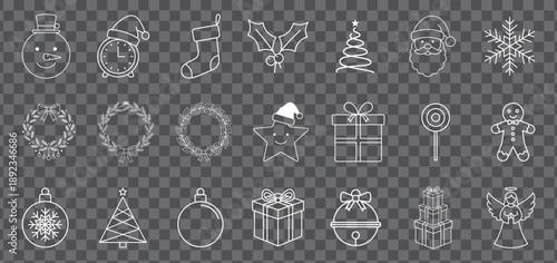 Collection of white christmas outline icons on a transparent background. Hand-drawn style christmas icon collection in white outline.