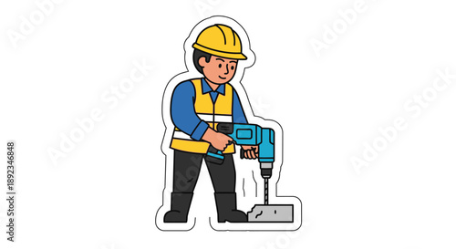 A worker in safety gear operating a power tool in an industrial setting viewed from the side.