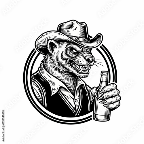 Illustration of a cat wearing cowboy hat and vest holding beer bottle in circular frame
