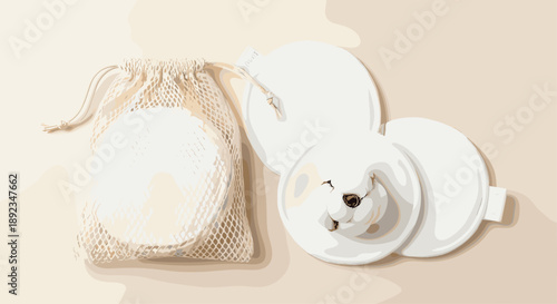 Reusable Eco Friendly Cotton Makeup Remover Pads Stored in a Natural Mesh Drawstring Bag on a Neutral Beige Background for Sustainable Skincare and Beauty Routines.