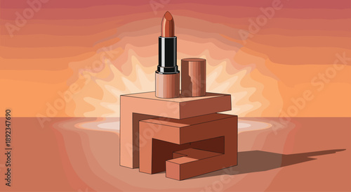 Luxury Matte Lipstick Product Shot Displayed on Geometric Terracotta Blocks Against a Stylized Sunset Background with Warm Orange and Red Gradient Lighting Effects.