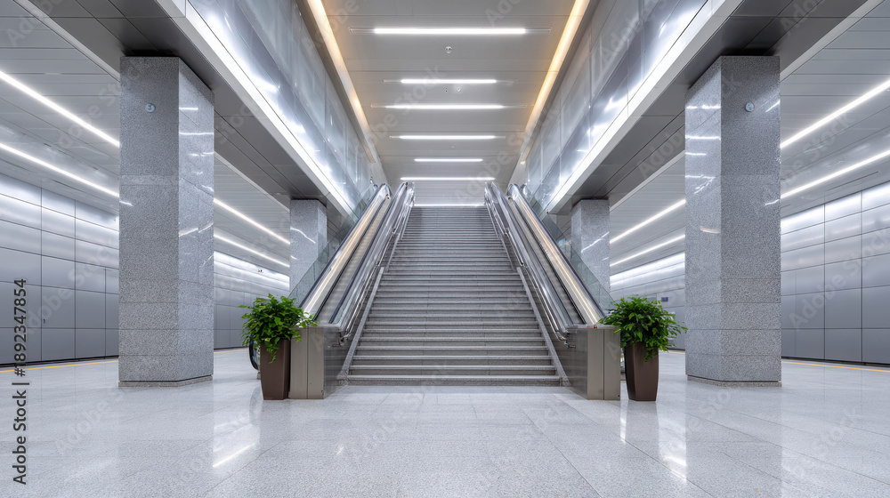 Obraz premium Modern Subway Station Hub Featuring Steel Escalators and Sleek Design, Ideal for Urban Transport and Architectural Photography