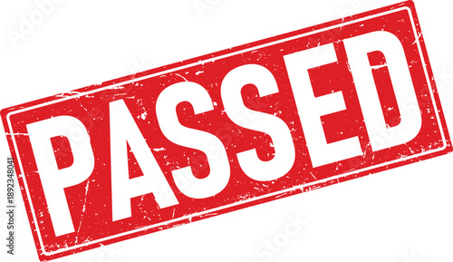 Distressed Red Passed Stamp on White Background, Angled, Conveying Approval and Success