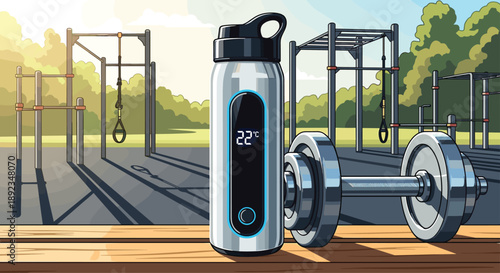 Smart Digital Water Bottle and Large Dumbbell Placed on a Wooden Bench at an Outdoor Gym Facility with Workout Equipment and Trees in the Background.