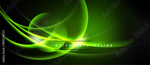 Abstract green waves flow across black background. Bright light creates dynamic, modern design element. Text reads background design.