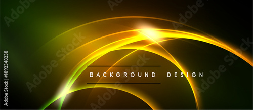 Abstract golden lines create dynamic light effect. Dark background emphasizes bright curves, radiating energy. Modern design element.