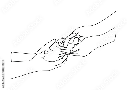 Continuous one line art of hands sharing free food in the month of Ramadan. Ramadan activity concept. 