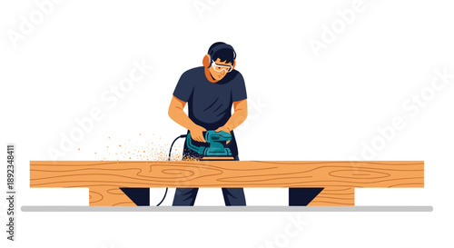 Professional Carpenter Using an Electric Power Sander to Finish a Long Wooden Plank with Sawdust Flying Isolated on a White Background.