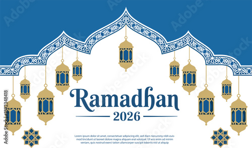 Ramadan kareem 2026 background with islamic lanterns and ornate archway design