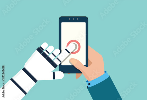 AI robot helping a man using a smartphone app. Future technology.