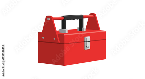 Modern Red Plastic Toolbox with Black Handle and Silver Metal Latches Displayed in a 3D Perspective Style Isolated on a White Background.
